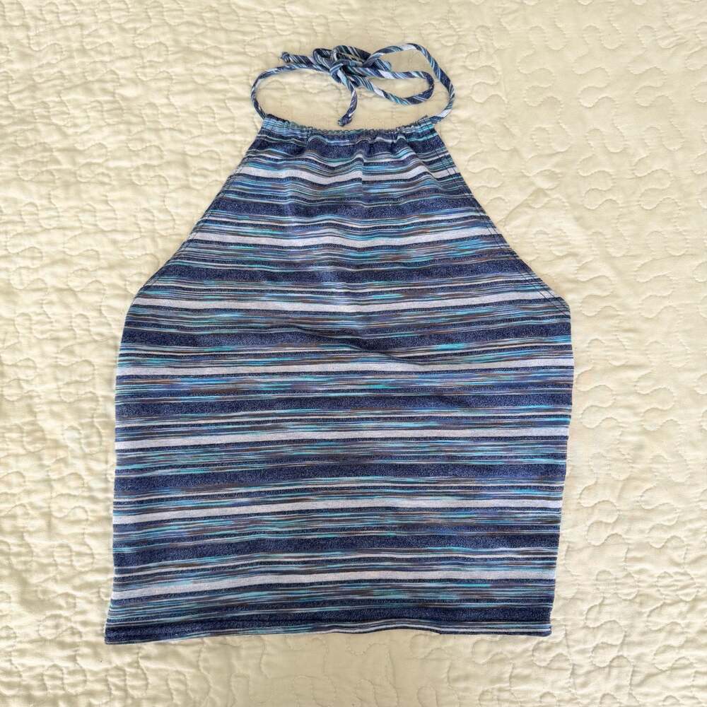 Moda Intl Vintage Blue Striped Halter Top Crop Neck Tie